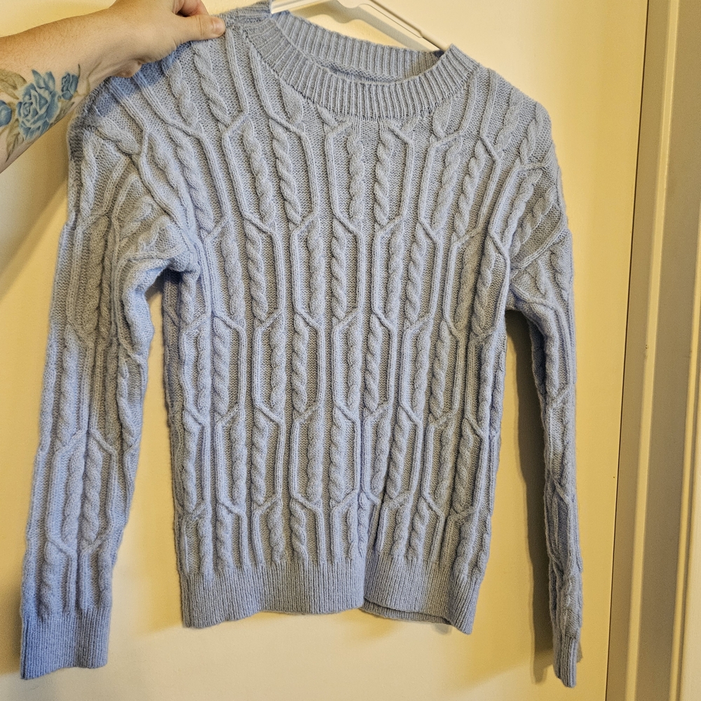 SHEIN Soft Blue Cable Knit Crewneck Sweater